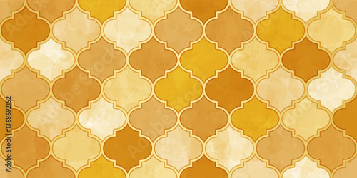 Moroccan Seamless Pattern. Turkish Mosque Window Shape. Arabic Mosaic Watercolor Ornament Background. Eid Mubarak Muslim Decoration. Ramadan Kareem Islamic Illustration