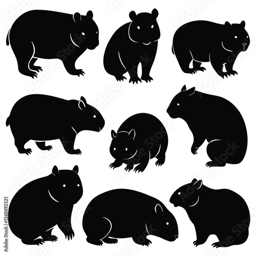 set of wombats, collection of silhouettes of black vector