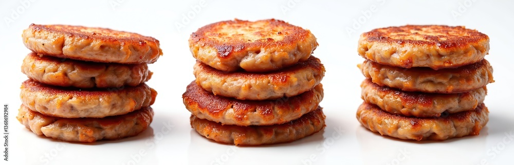 Set of cooked pork sausage patties arranged on white background. Crispy edges, delicious taste, perfect for breakfast brunch meal. Savory, hot, fresh meal with high protein. Cookery, culinary theme. Set of cooked pork sausage patties arranged on white background. Crispy edges, delicious taste, perfect for breakfast brunch meal. Savory, hot, fresh meal with high protein. Cookery, culinary theme.
