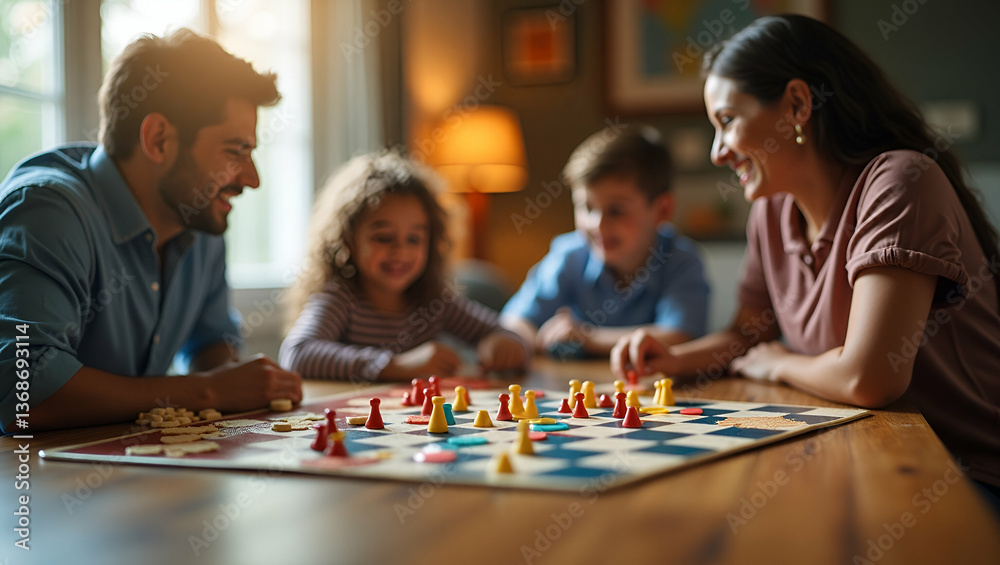 Photo Realistic Double Exposure of Family Game Night with Board Games & Snacks Photo Realistic Double Exposure of Family Game Night with Board Games & Snacks
