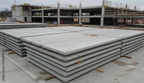 Concrete slabs stacked at construction site for building framework, showcasing industrial worksite and urban development.