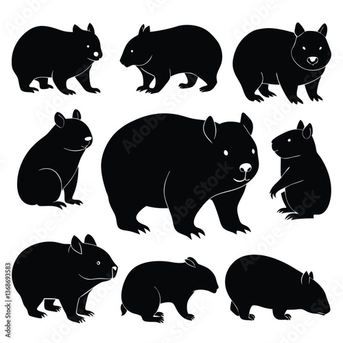 set of wombats, collection of silhouettes of black vector