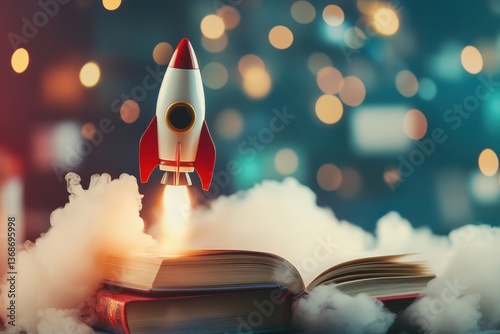 Abstract illustration with a toy rocket launching from books, surrounded by vibrant bokeh lights