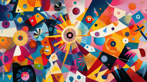 A vibrant canvas of geometric shapes and abstract symbols explodes in a burst of color, representing diverse academic subjects like science, math, and language, rendered through the creative 