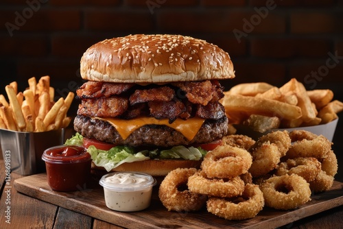 Wallpaper Mural Delicious fast food burger with juicy patty, melted cheese, and fresh ingredients in a restaurant setting Torontodigital.ca