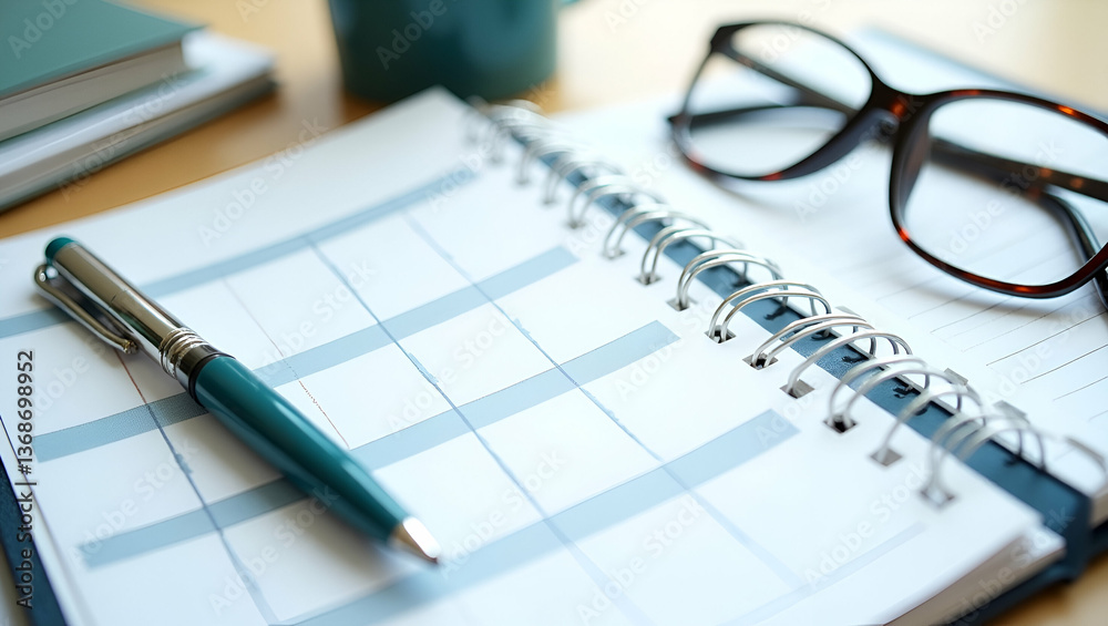 Photo Realistic Flat Lay of Planner, Pen, and Glasses for Scheduling Photo Realistic Flat Lay of Planner, Pen, and Glasses for Scheduling