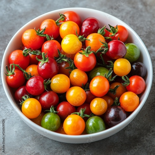 bowl of mixed cherry tomatoes red orange and yellow vibrant glossy surface sharp crisp details soft natural lighting clean white backdrop 