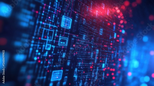 Futuristic Abstract Digital Data Stream Blue and Red Circuit Board Technology Background