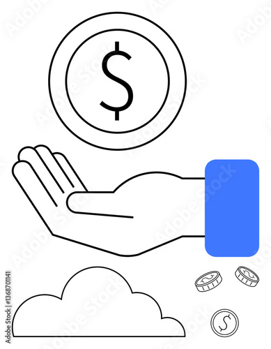 Open hand reaching for dollar coin, scattered coins and cloud representing financial support, cloud computing, and online money transfer. Ideal for economy, banking, charity, saving, e-commerce