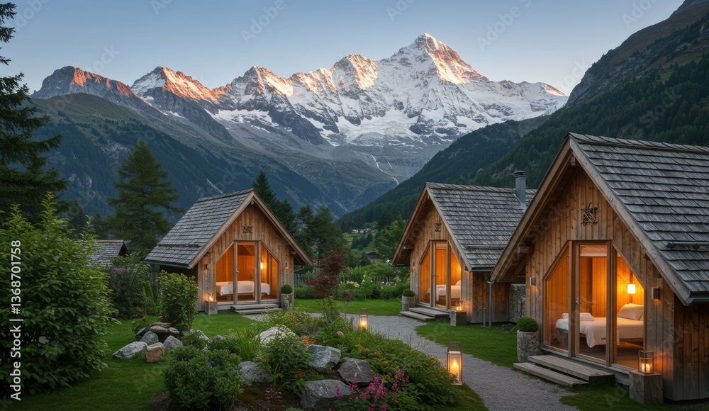 Swiss chalets amidst mountain landscape at sunrise. Scenic nature retreat for relaxation and eco-friendly vacations. Swiss chalets amidst mountain landscape at sunrise. Scenic nature retreat for relaxation and eco-friendly vacations.