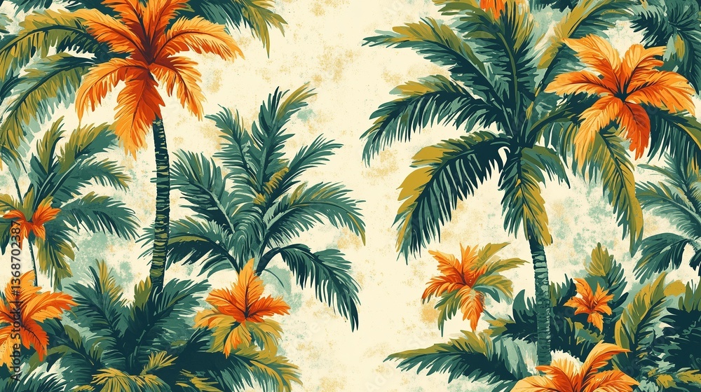 Fototapeta premium Tropical vintage palm pattern with bright orange accents on retro wallpaper texture