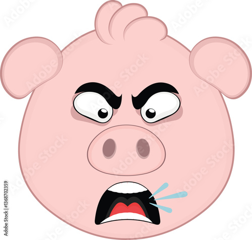 vector illustration emoji character face pig cartoon, with an angry expression, talking and screaming