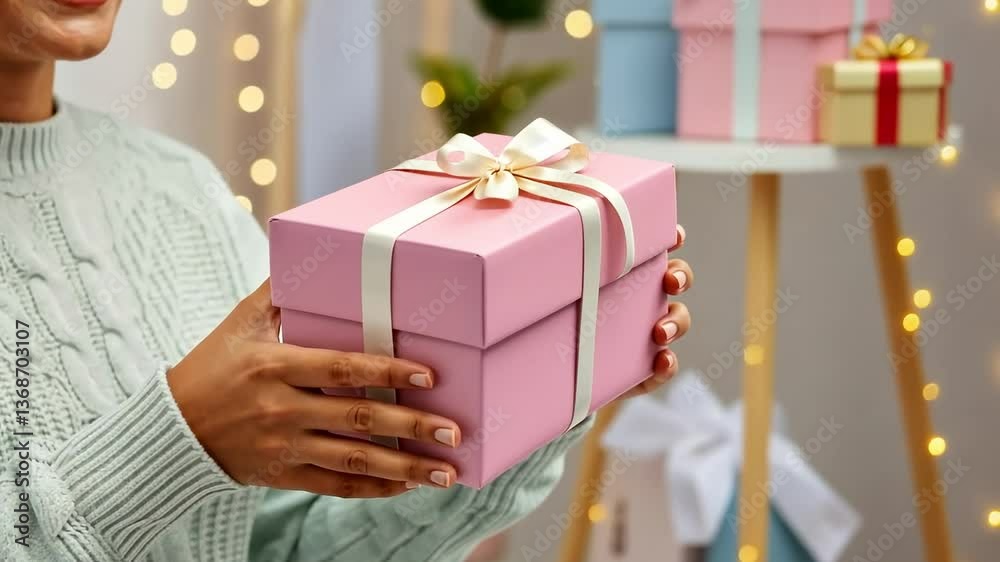 Joyful gift exchange: hands presenting a pink gift box in festive setting with twinkling lights