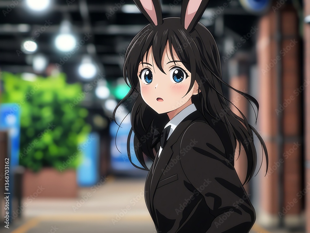 Fototapeta premium Anime Girl, Night, Station, Posing