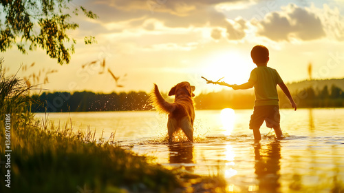 A child happily splashes in the lake while playing fetch with a dog during sunset