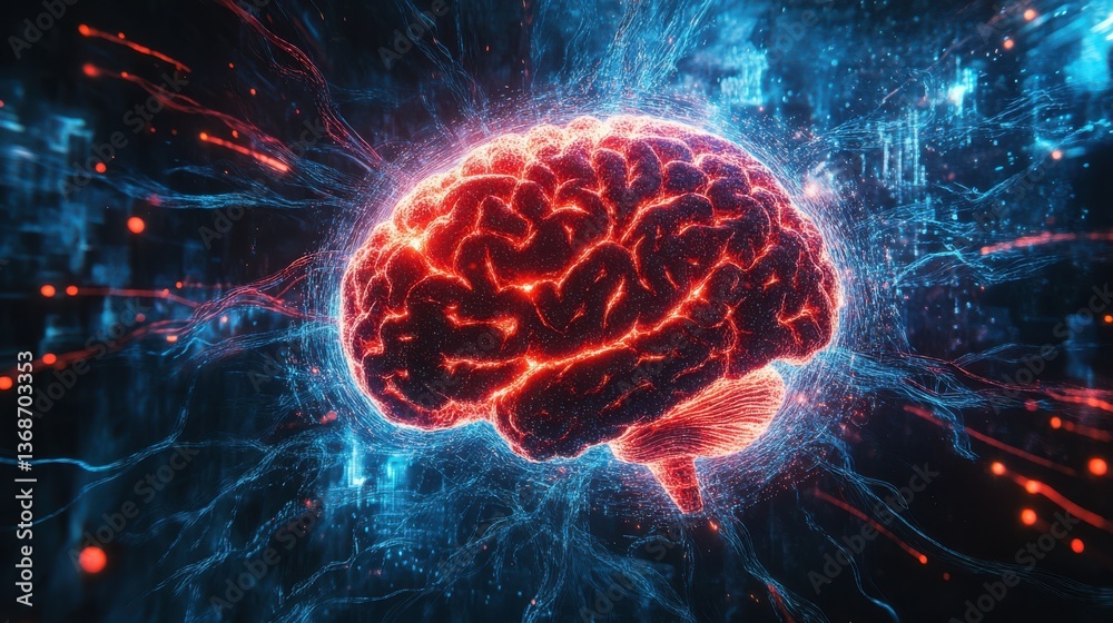 Abstract Glowing Brain, Neural Network, AI, Artificial Intelligence, Digital Brain, Technology Concept