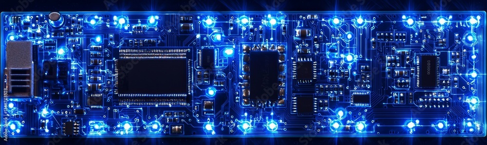 Fototapeta premium Modern electronics showcased through glowing circuit pathways.