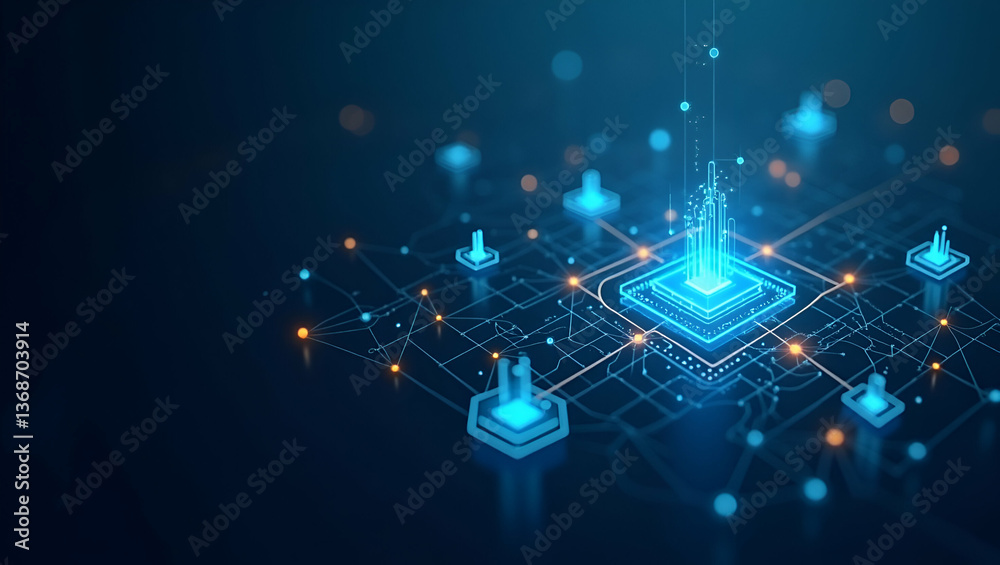 Fototapeta premium 3D Flat Icon: Overhead View of a Tech Environment with Digital Connectivity Symbols - Double Exposure Concept for Business Innovation and Operations