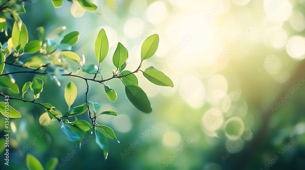 Green leaves are backlit, with sunshine casting a warm glow on nature Green leaves are backlit, with sunshine casting a warm glow on nature