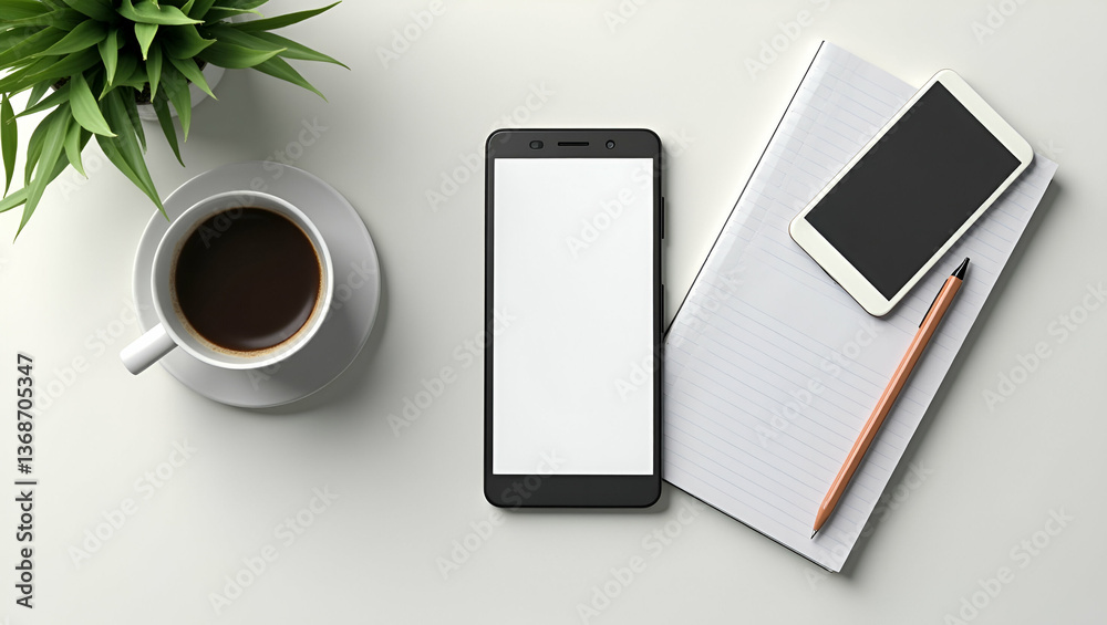 3D Flat Icon: Smartphone, Coffee Mug & Notebook for Mobile Work Flexibility 3D Flat Icon: Smartphone, Coffee Mug & Notebook for Mobile Work Flexibility