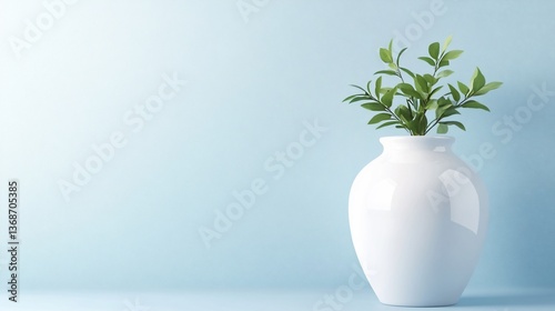 Wallpaper Mural Green leafy sprigs in white vase on blue surface, minimalist aesthetic Torontodigital.ca