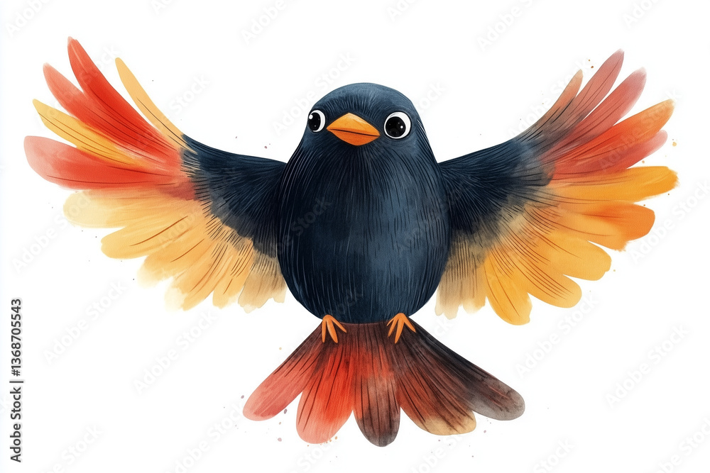 Naklejka premium Cute black cartoon crow with orange wings flying, children’s bird illustration on white background