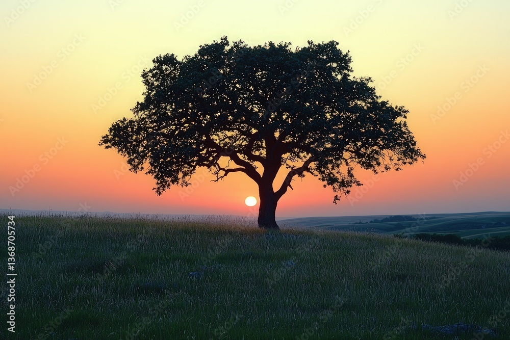 Obraz premium Silhouetted tree sunset serene landscape