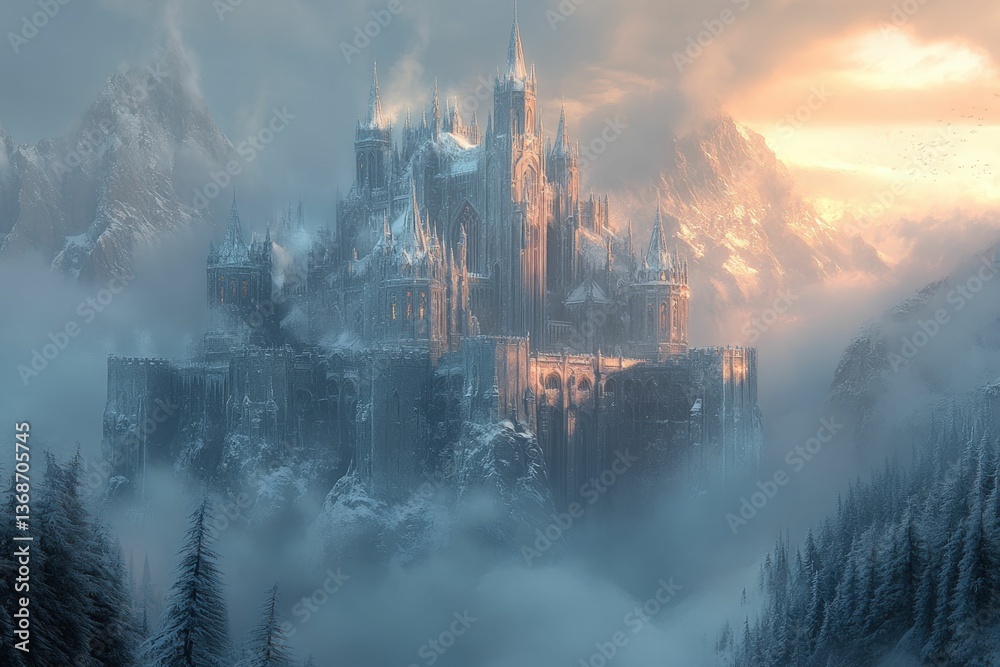 Fototapeta premium Majestic snow-covered castle atop misty mountains, sunset glow.