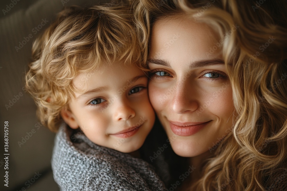 The son kisses his mother. Happy mother's day.Mother hugs her child. Shot of little boy kissing his mother at home