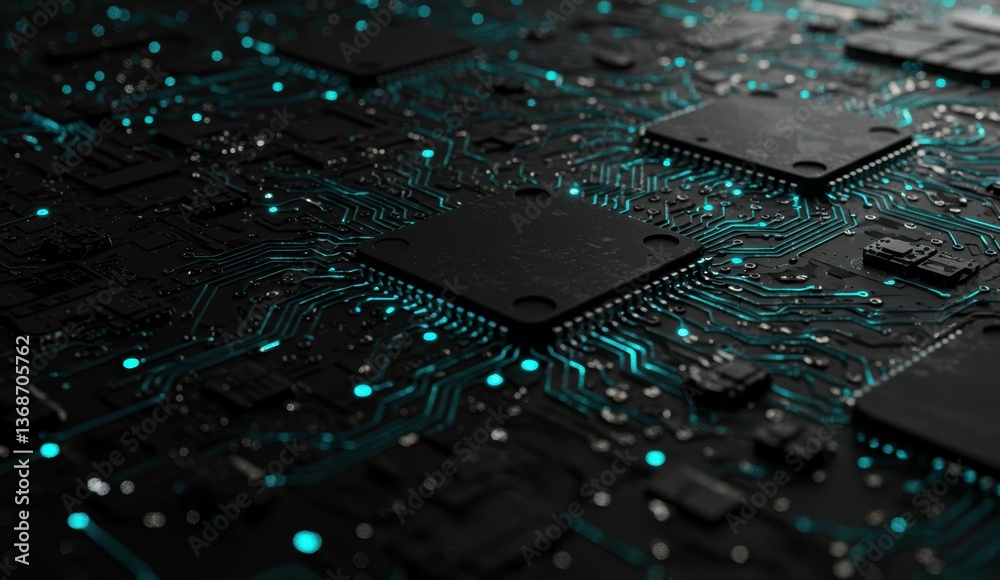 Obraz premium Close-up of circuit board with microchips and blue lights displaying digital technology. Concepts include innovation and connectivity.