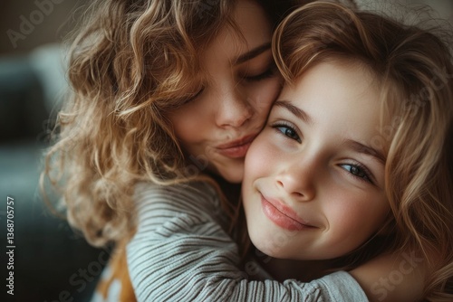Obraz na płótnie The son kisses his mother. Happy mother's day.Mother hugs her child. Shot of little boy kissing his mother at home w salonie