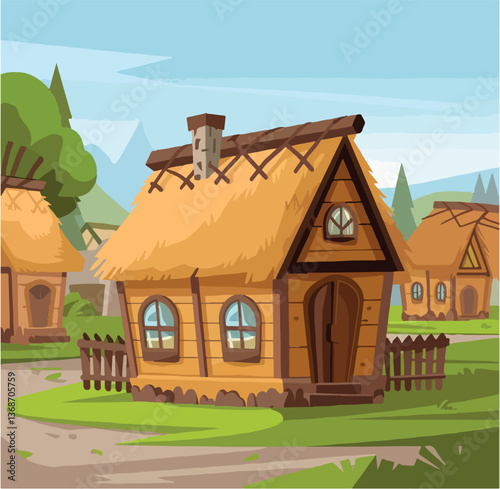 landscape, illustration, nature, ranch, farm, rural, countryside, village, vector, agriculture, summer, drawing, garden, meadow, farming, design, grass, home, green, house, scene, hill, outdoor, 
