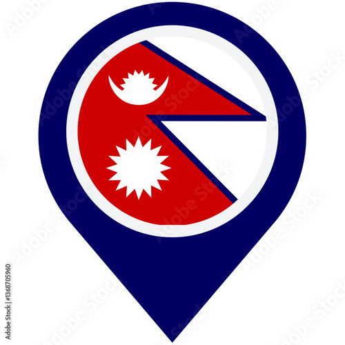 Nepal's flag proudly displayed on a location marker, a vibrant symbol of national pride and cultural heritage, rendered in bold colors and sharp detail.