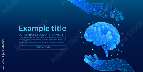 Digital brain amid hands and a network connection on a technological background. Glowing futuristic digital brain floating above a human hand in low-poly style. 