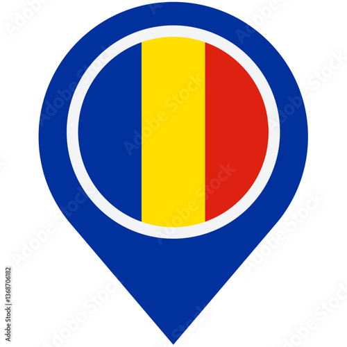 Free Download Discovering Romania: A vibrant blue map marker proudly displays the Romanian flag, symbolizing national pride and travel adventures. - GFXLoad