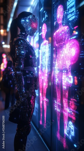 Futuristic woman examines holographic medical data on city street