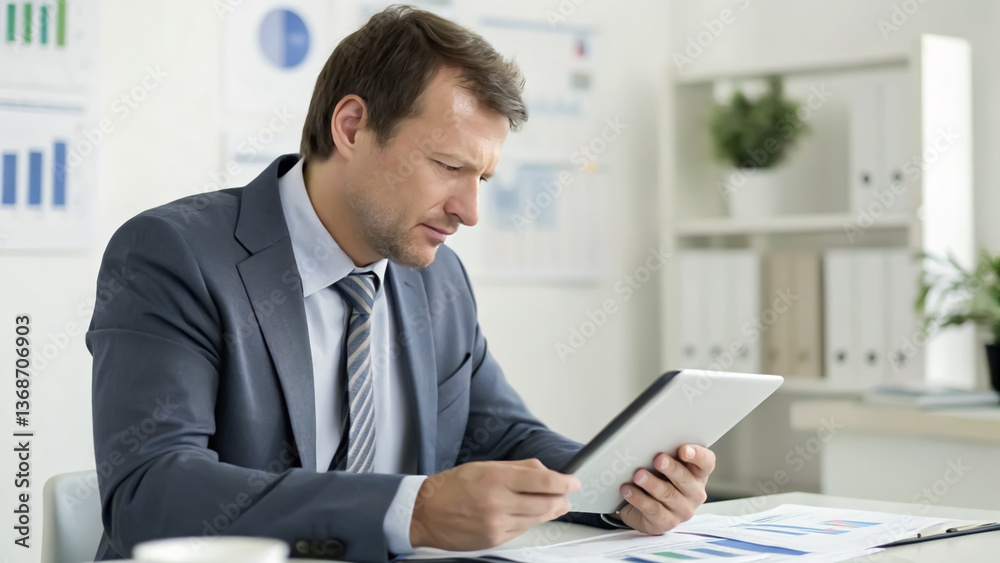 A focused businessman analyzing data on a tablet in a modern office environment. A focused businessman analyzing data on a tablet in a modern office environment.