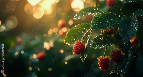 Fresh Raspberries Glisten With Morning Dew in a Lush Garden Setting