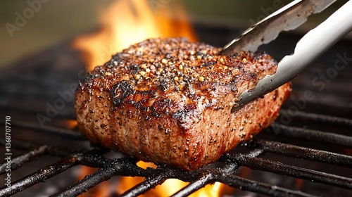 Grilled, seasoned cut of meat over open flame with tongs in BBQ setting