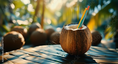 Refreshing Coconut Drink Served in a Shell at a Tropical Beach During Sunset