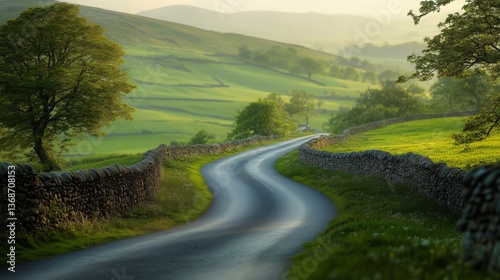 Serene Winding Road in Rural Landscape at Sunset With Golden Light and Lush G...