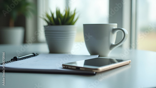 Photo realistic as Flat lay of a smartphone and a coffee mug with a notebook symbolizing mobile work in double exposure with copy space. concept as A flat lay of a smartphone and a coffee mug intertwi