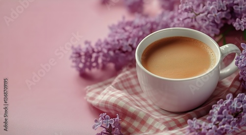 Coffee Cup Surrounded by Lilac Flowers on a Pink Background With a Checkered ...