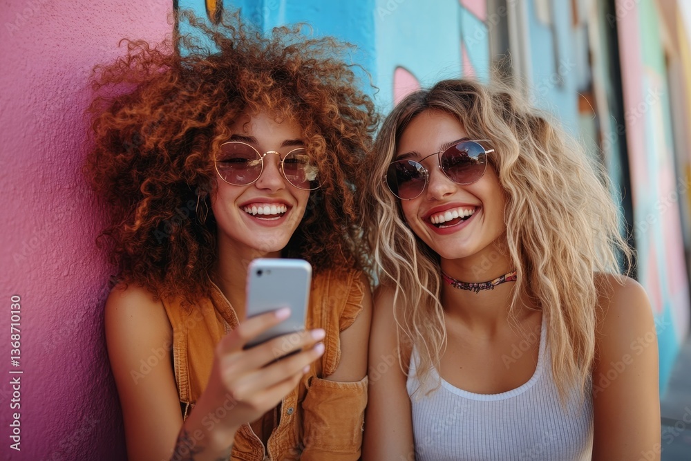 Young female friends having fun and using mobile phone