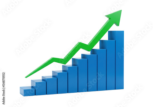 3D Blue bar graph with green growth arrow