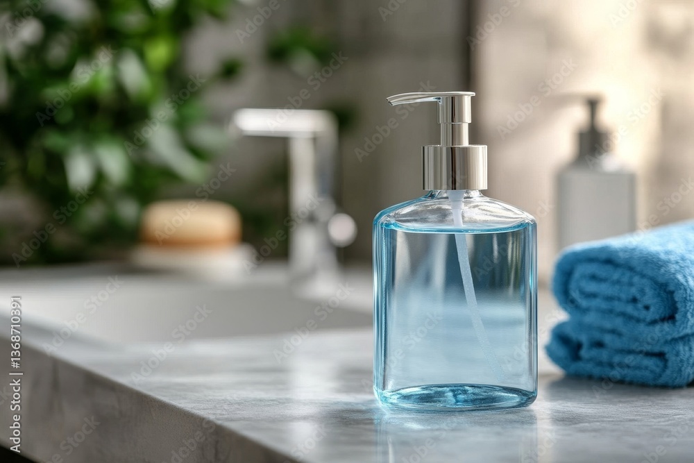 Bottle of fresh mouthwash on washbasin in bathroom, closeup. Toothcare and fresh breath concept Bottle of fresh mouthwash on washbasin in bathroom, closeup. Toothcare and fresh breath concept