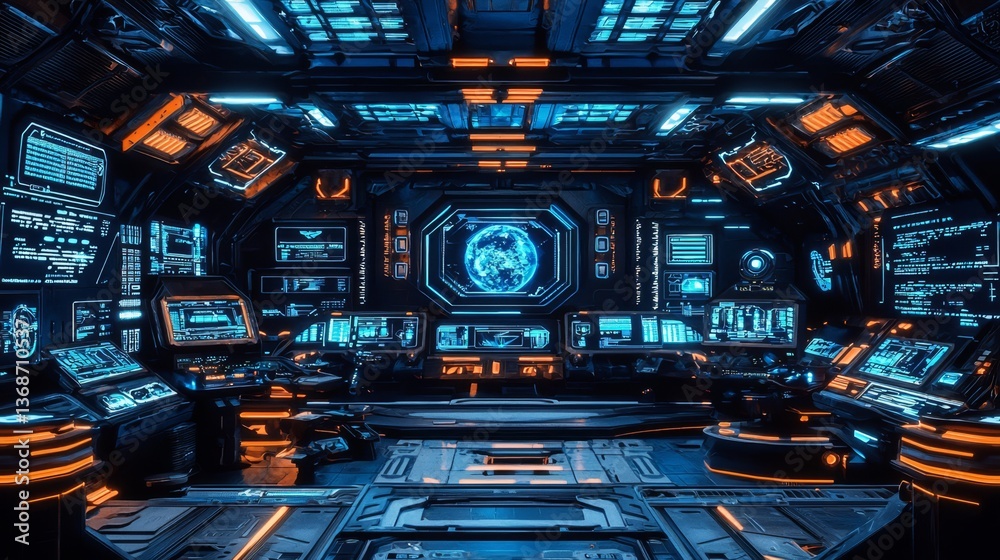 Obraz premium Experience the cutting-edge technology within a modern space fleet's command hub. 