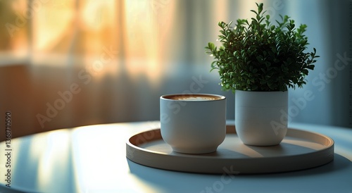 Stylish Coffee Cup and Plant Arrangement on a Table in a Bright Living Room D...