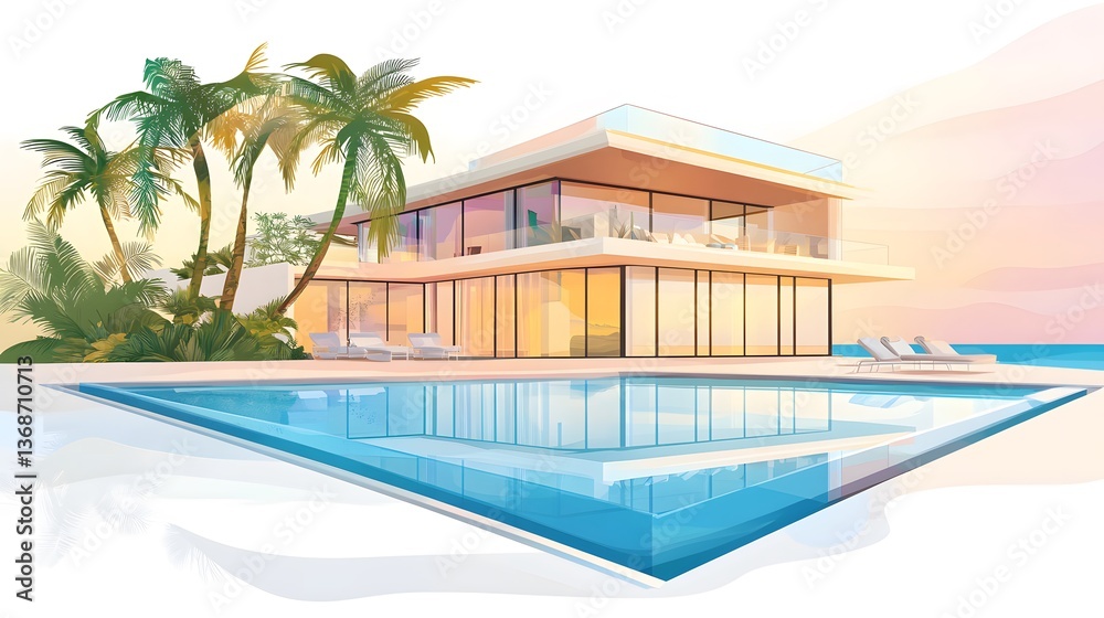 Fototapeta premium Luxurious Modern Villa Overlooking Ocean Sunset