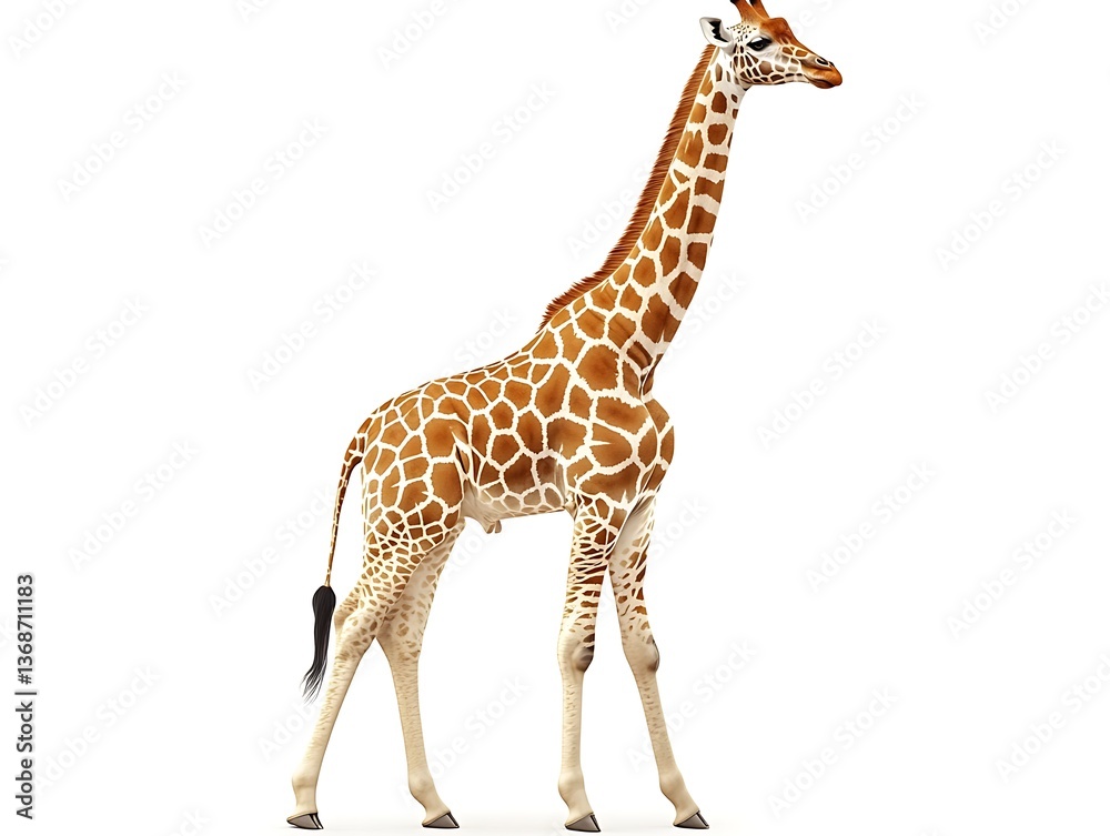 Naklejka premium A tall giraffe with brown and white spots standing upright gracefully